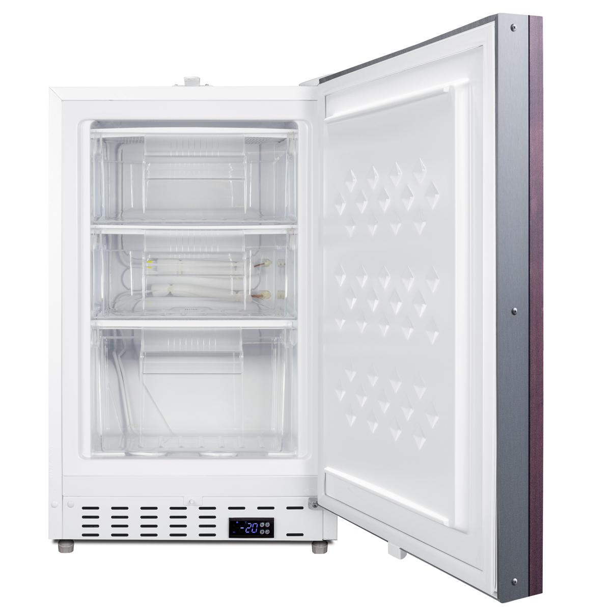 Built-in undercounter -25 C ADA compliant all-freezer with panel-ready door, factory installed lock, digital controls, interior baskets, hospital cord with 'green dot' plug, access port, and manual defrost operation